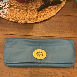 Coach Teal Leather Wristlet with Gold Clasp